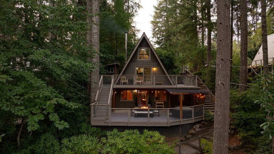 The cabin in daylight from the lawn, surrounded by tall firs