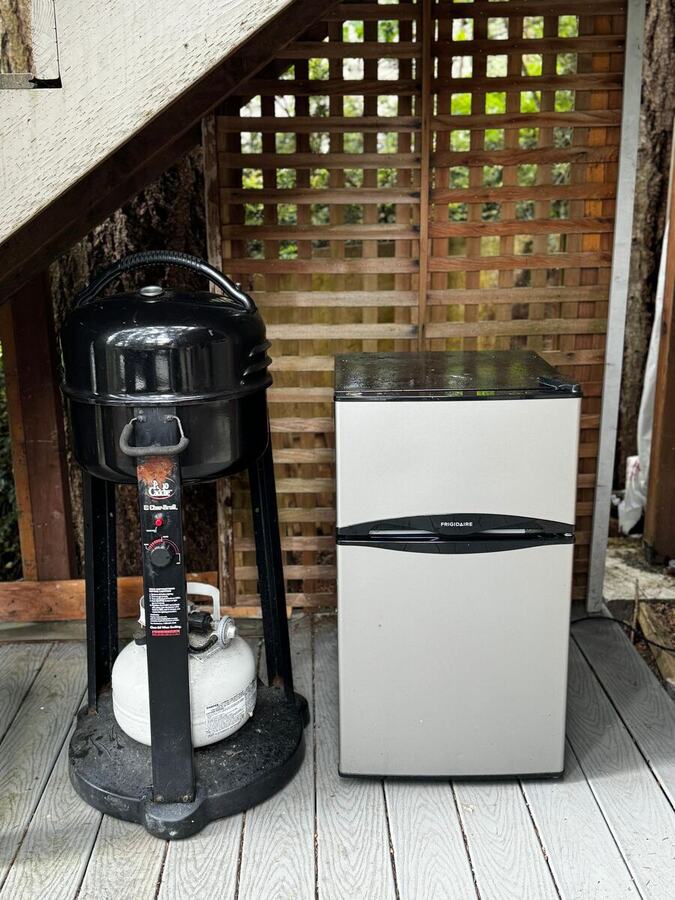 The propane grill and outdoor refrigerator on the deck